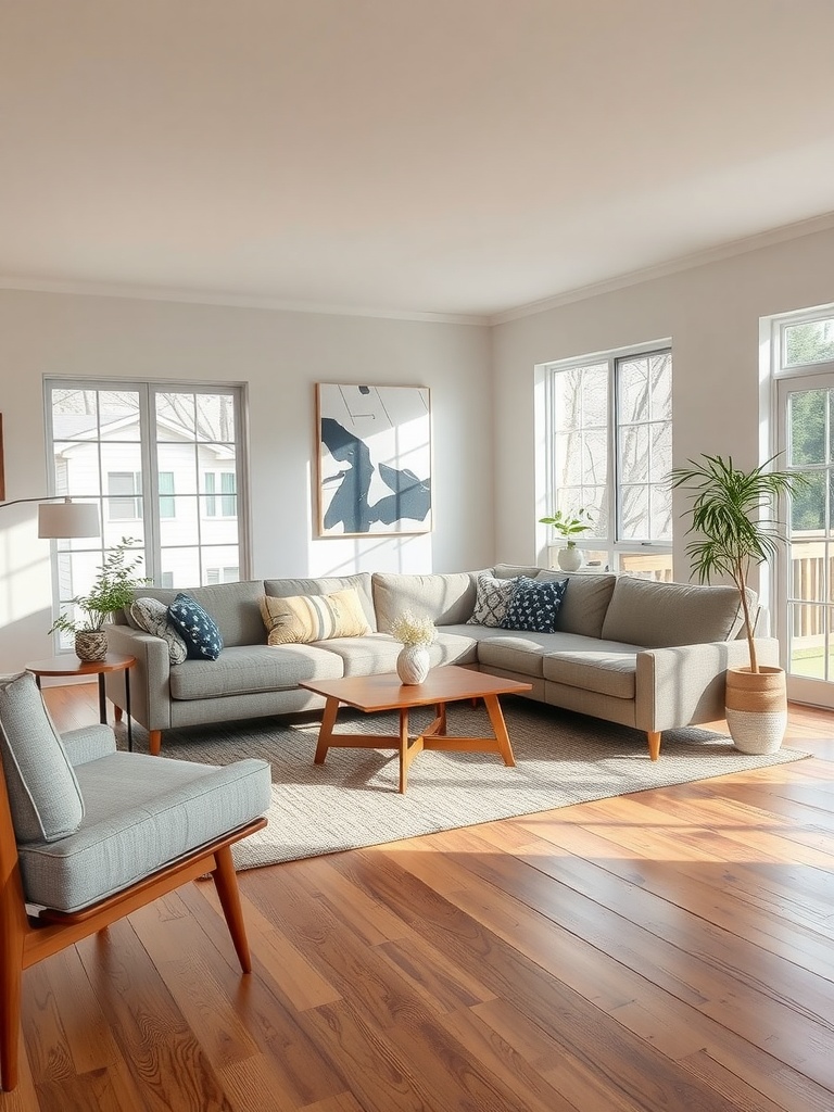 Mid-century modern living room featuring a large sectional sofa, wooden floors, and bright natural light.