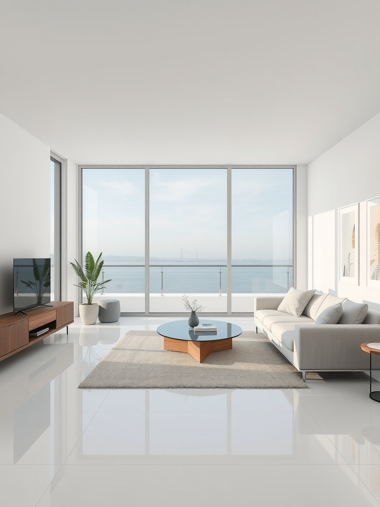 Modern minimalist living room with white and brown decor, large windows, and waterfront view