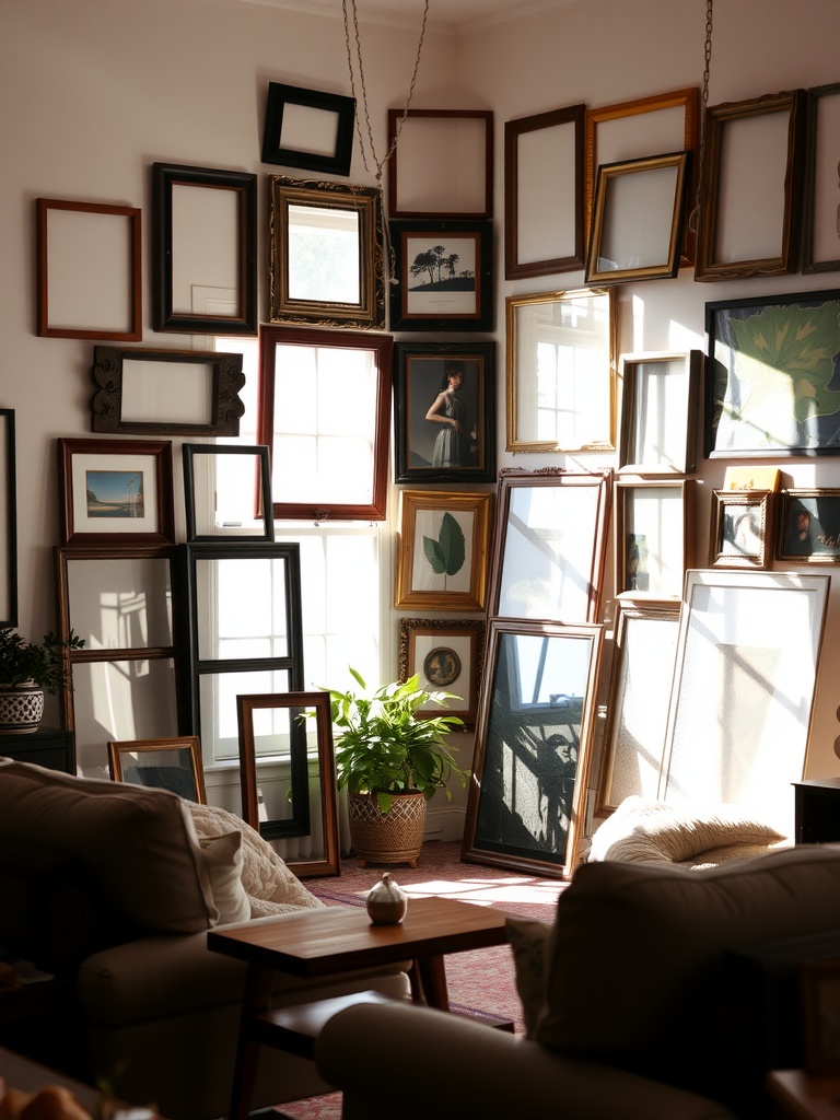 A wall display of various picture frames in a bohemian living room with a bouquet of red roses on the coffee table.