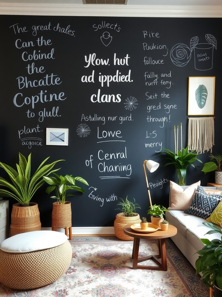 A bohemian living room featuring a chalkboard wall with creative writing, warm-toned furniture, and plants.