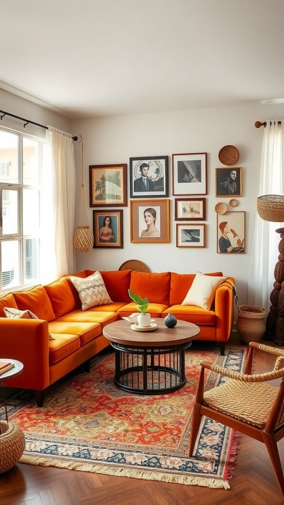 Cozy mid-century boho living room with an orange sofa and eclectic decor.