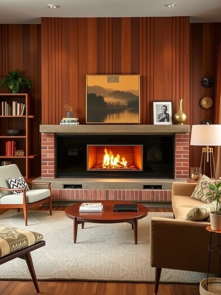 Mid-century modern living room featuring a brick fireplace, orange chairs, and wooden coffee table.