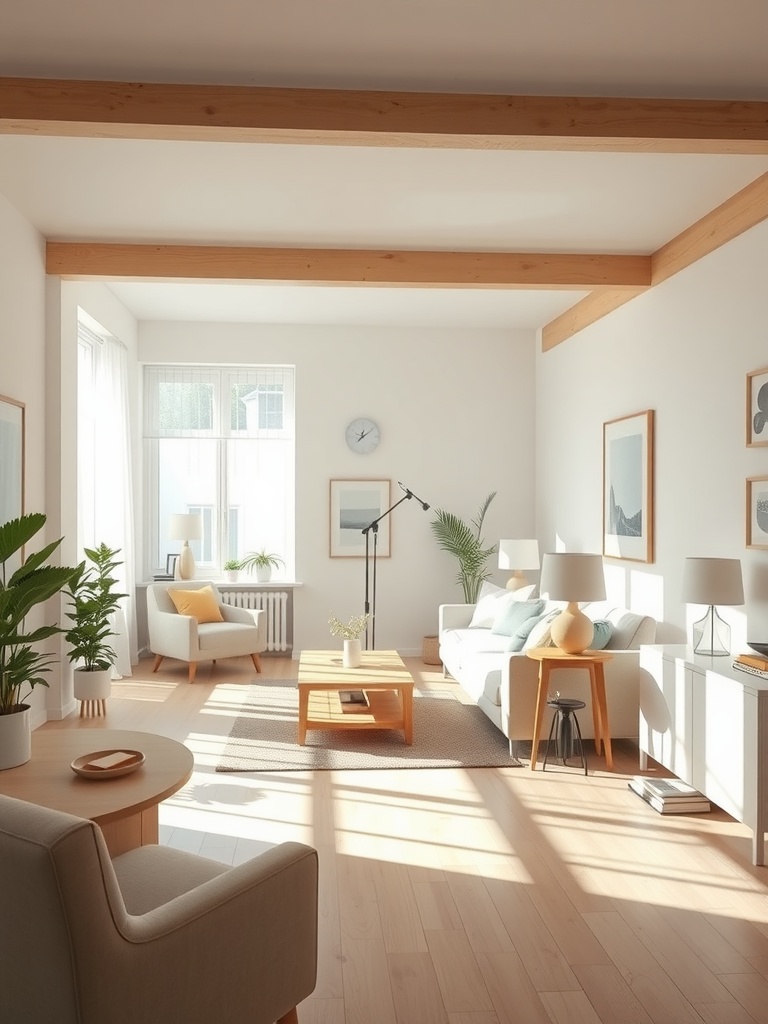 A bright, modern living room featuring white walls, wooden beams, a cozy sofa, and lots of sunlight.