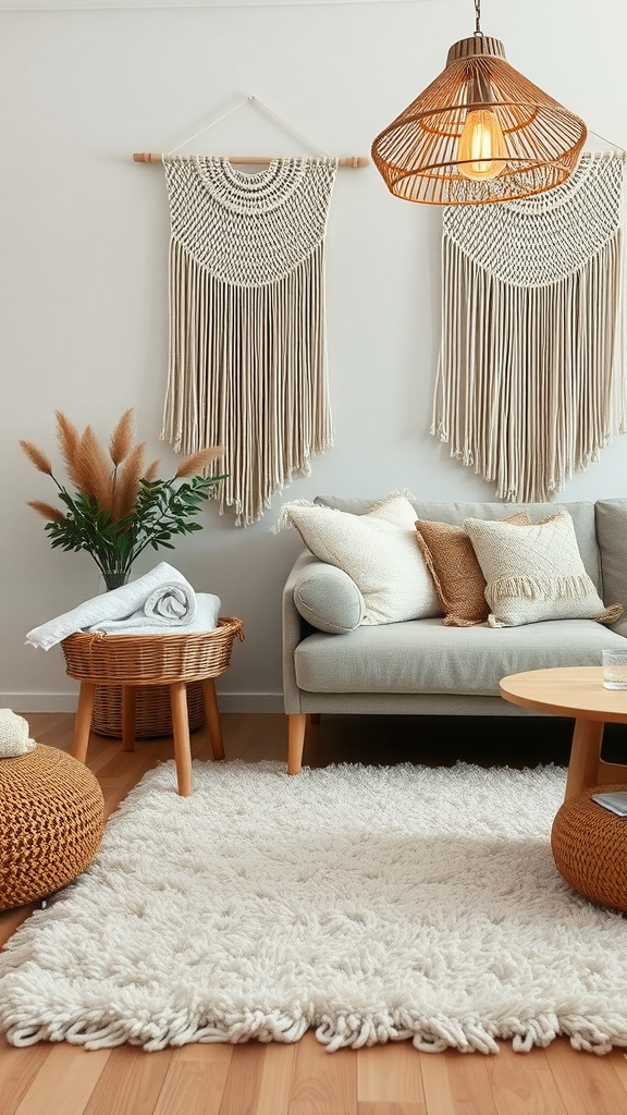 A cozy Japandi living room with macramé wall hangings, a plush rug, and natural materials.