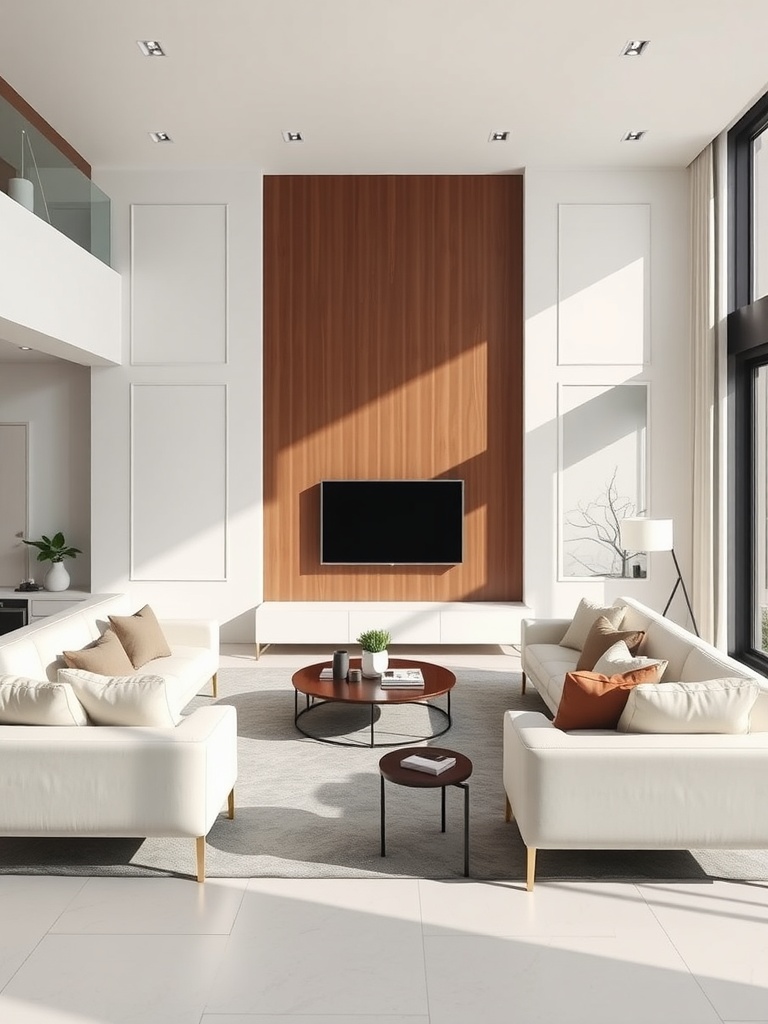 Modern contemporary living room with white walls and brown accents, featuring plush sofas and a wooden accent wall.