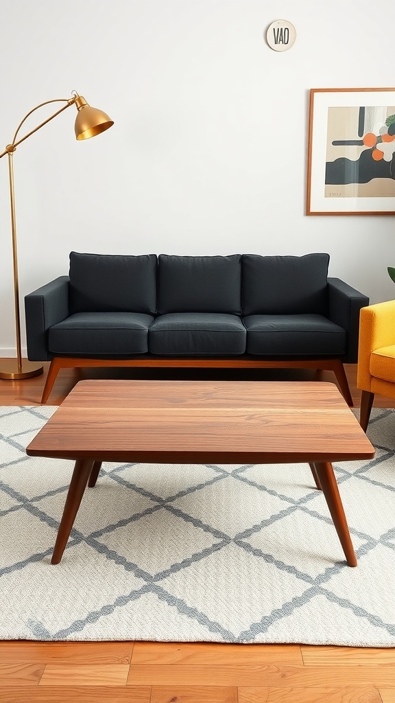 A cozy living room featuring a dark sofa, a wooden coffee table, a golden floor lamp, and a colorful chair, all arranged on a geometric rug.