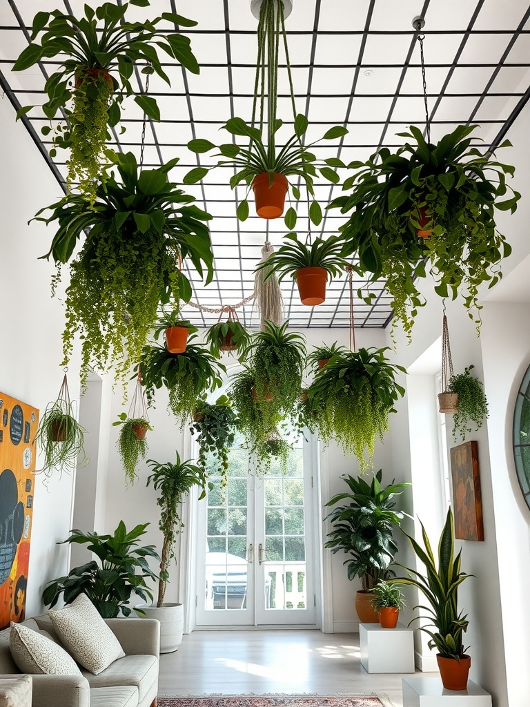 Living room with a hanging grid of plants from the ceiling, featuring various types of greenery and bright orange pots.