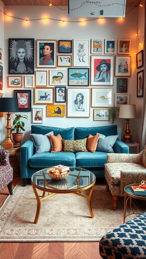 A colorful and eclectic apartment living room featuring a teal sofa, mixed art on the walls, and stylish furniture.