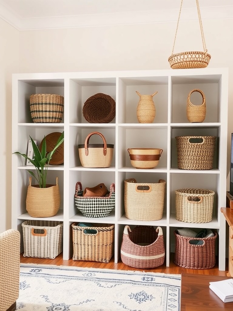 Stylish storage cubbies filled with various woven baskets and a plant, perfect for a boho living room.