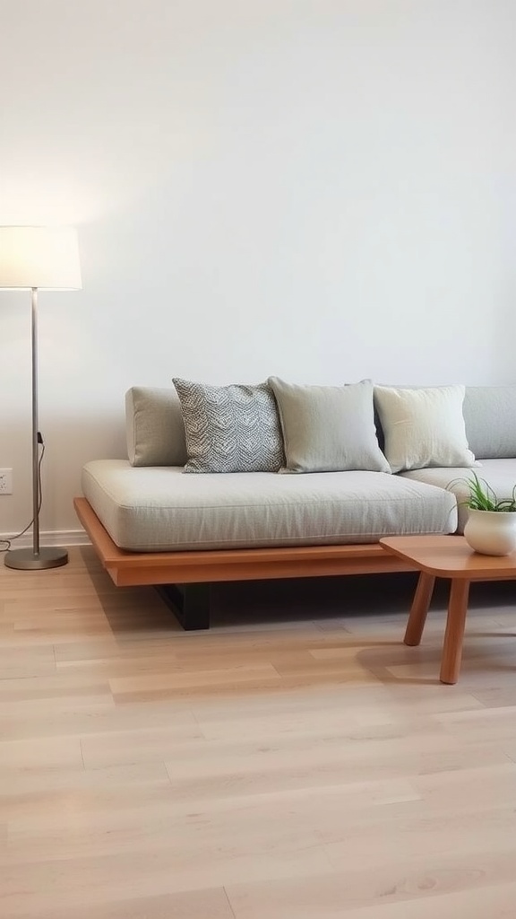 A cozy low-profile platform sofa with light gray cushions and a wooden base in a minimalist living room setting.