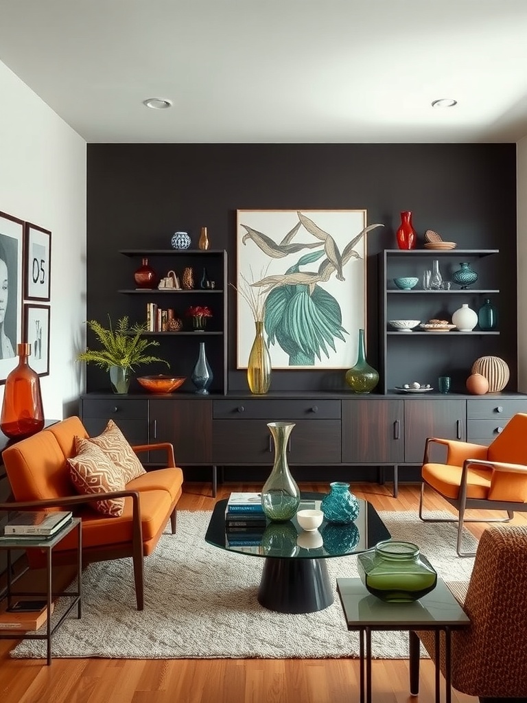 Mid-century modern living room featuring orange chairs, dark walls, art glass decor, and leafy artwork.