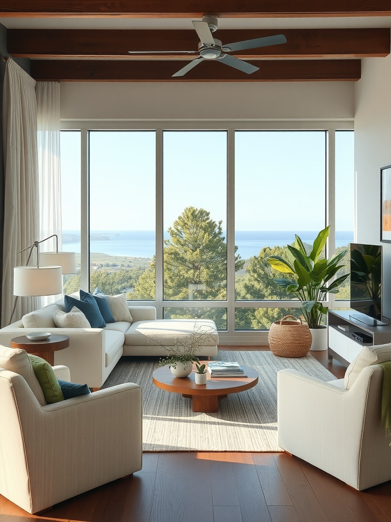 A bright living room featuring sage green, white, and brown colors with large windows showing a scenic view.