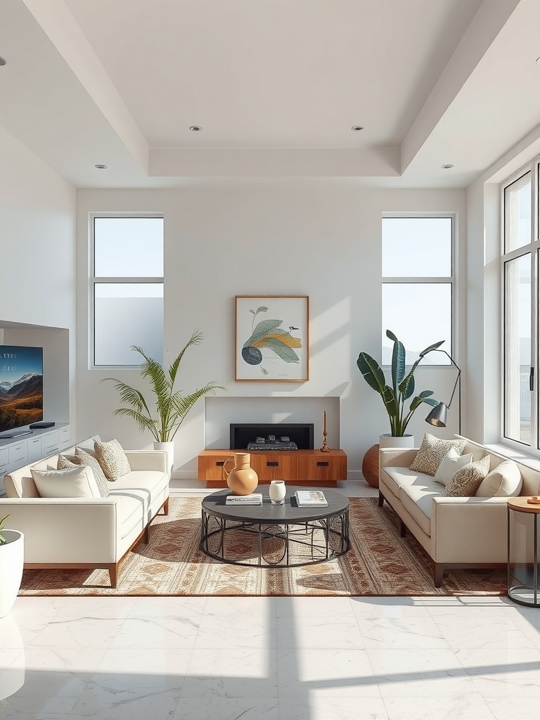 Modern white and brown living room featuring large windows, potted plants, and wooden accents.