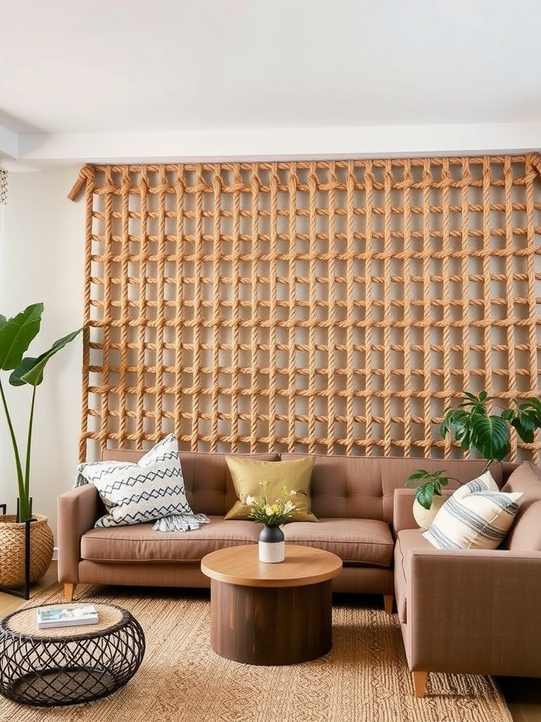 A boho living room featuring a rope wall divider, a brown sofa, round wooden coffee table, decorative pillows, and indoor plants.