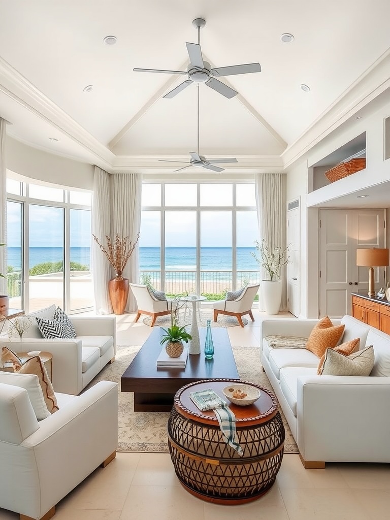 A bright living room with large windows overlooking the ocean, featuring white sofas, a wooden coffee table, and decorative elements in brown tones.