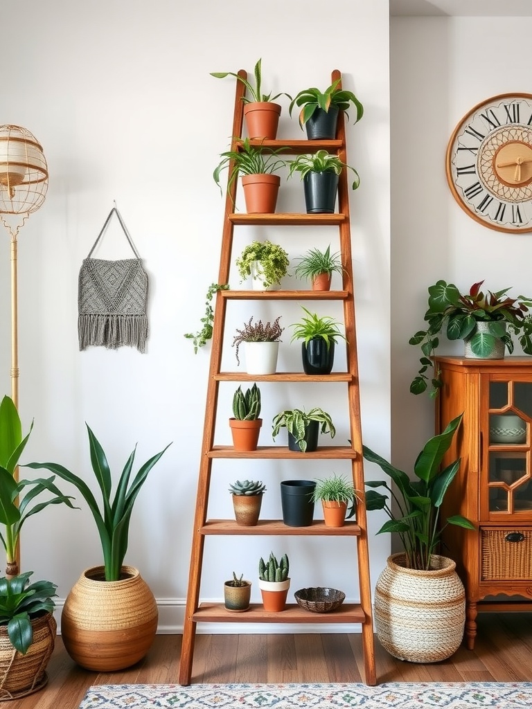 A wooden plant ladder displaying various potted plants in a boho living room setting.