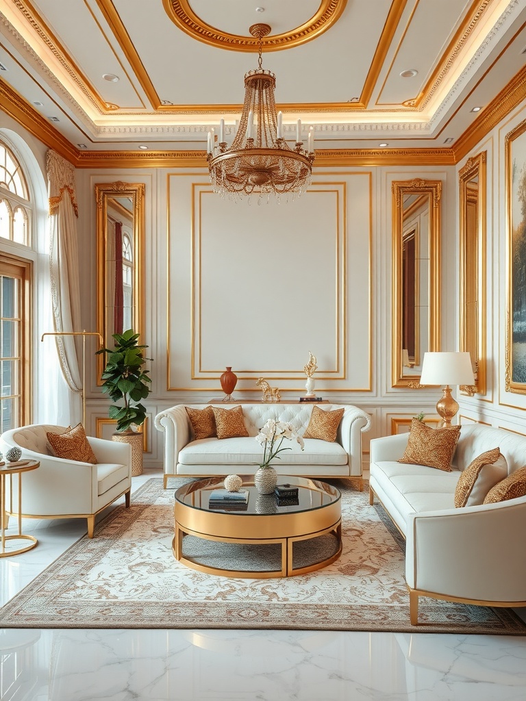 A modern living room featuring gold, white, and brown decor with elegant furnishings and a chandelier.