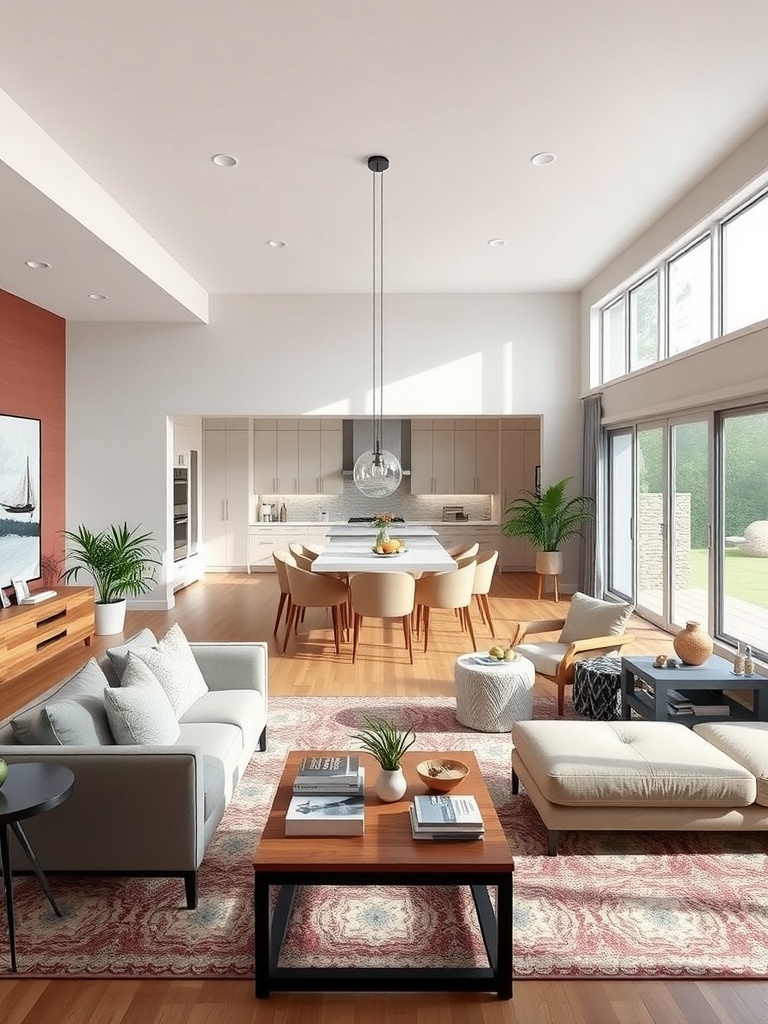 Open concept living and dining area with modern furniture and natural light.