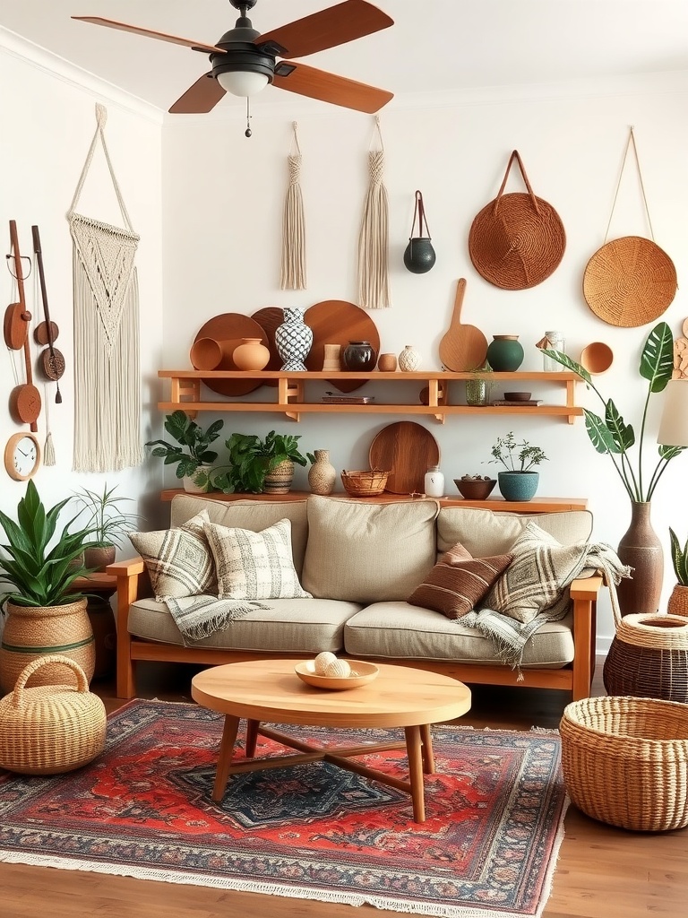 A cozy boho farmhouse living room with a comfortable sofa, decorative wall art, and a wooden coffee table surrounded by plants and woven baskets.