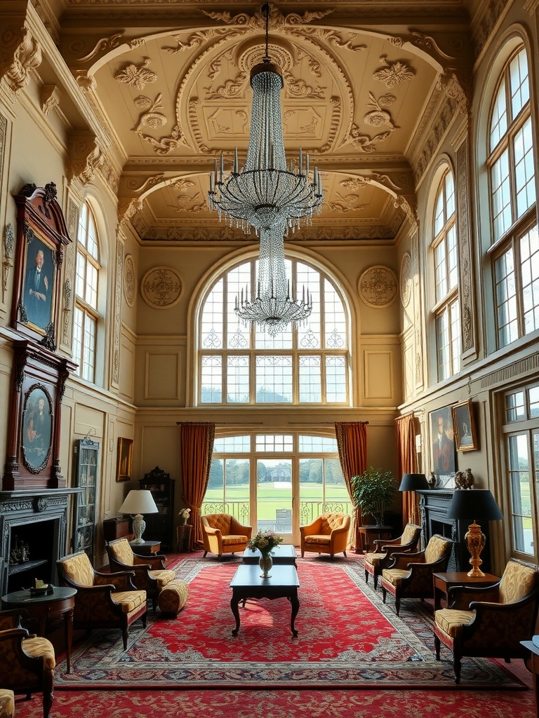 Elegant English manor living room with high ornate ceiling, chandelier, and plush seating.