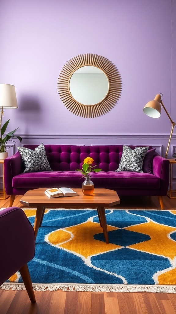 Mid-Century Modern purple living room with stylish decor and furniture.