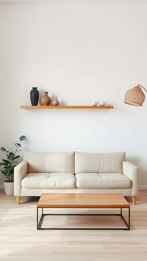 Minimalist Japandi living room with a cream sofa, wooden shelf, decorative vases, and a light wood coffee table.