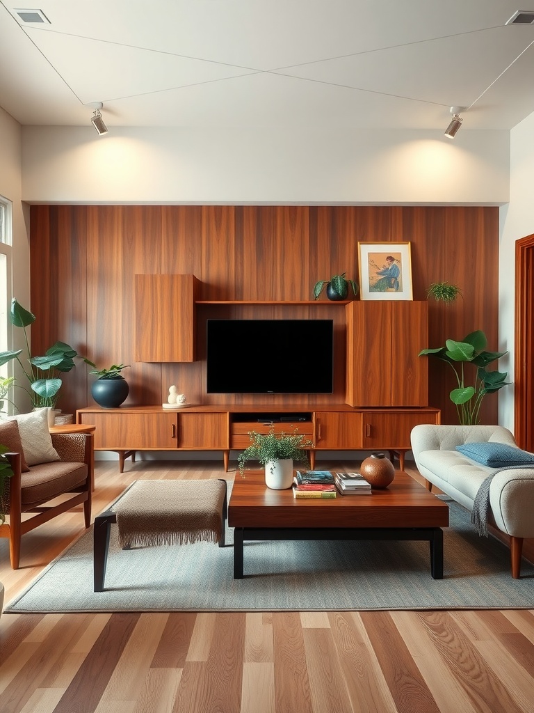 Mid-century modern living room featuring natural wood accents with a wooden wall unit, stylish furniture, and plants.