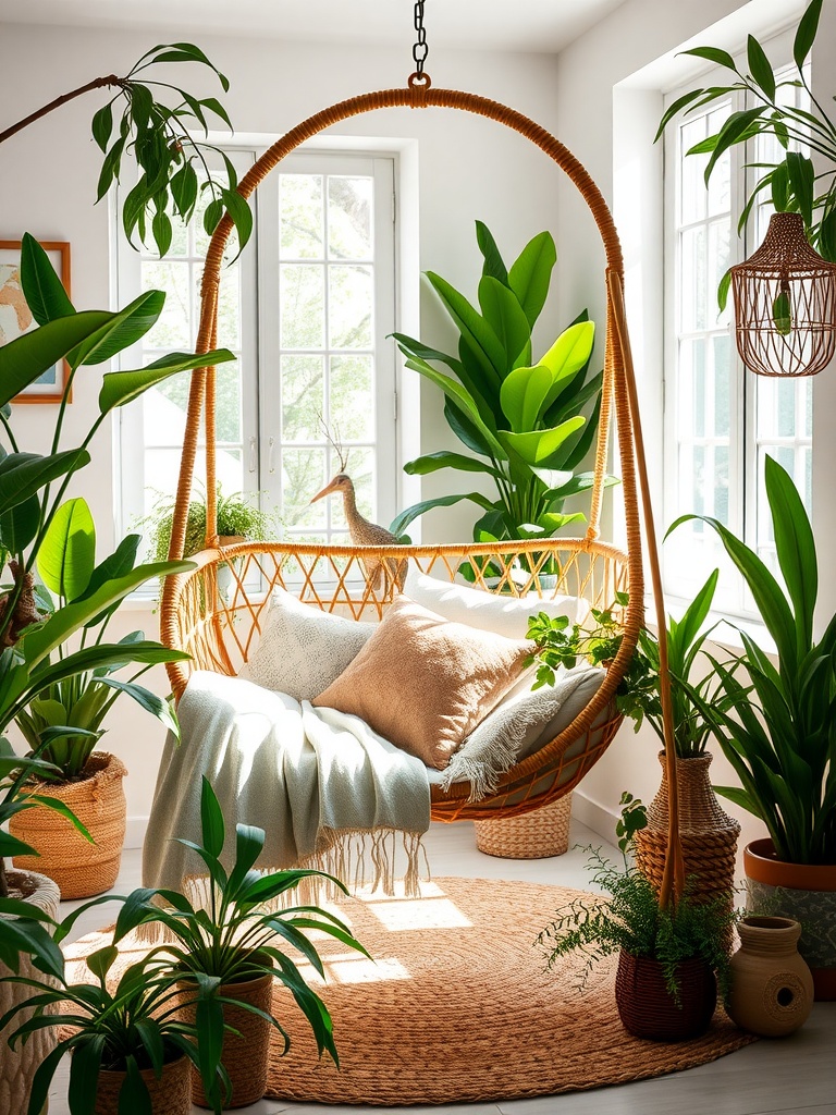 Cozy rattan swing chair surrounded by lush plants in a bright room.