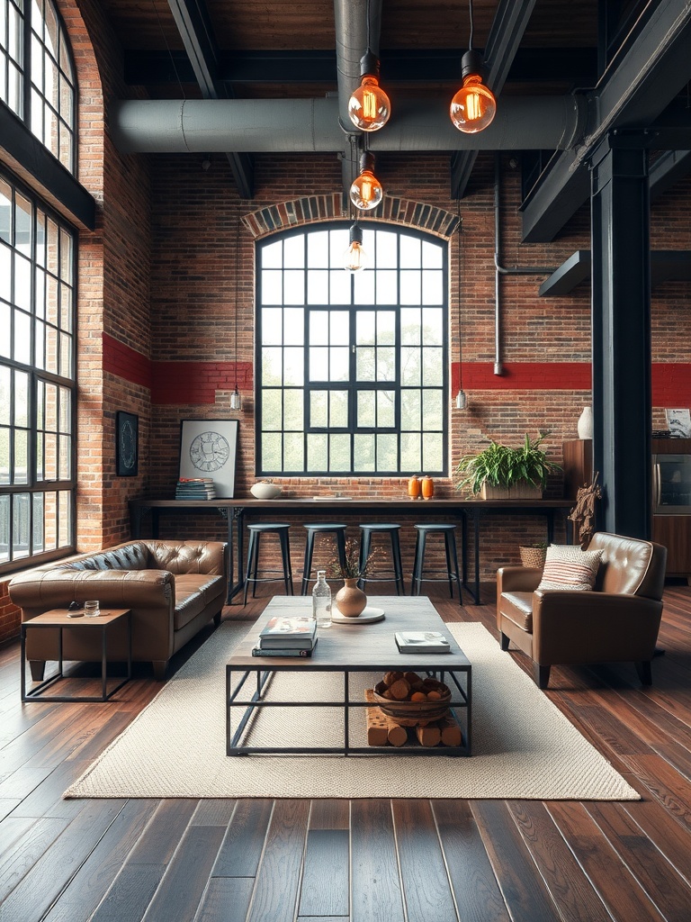 Rustic industrial living room with exposed brick walls, leather sofas, and large windows.