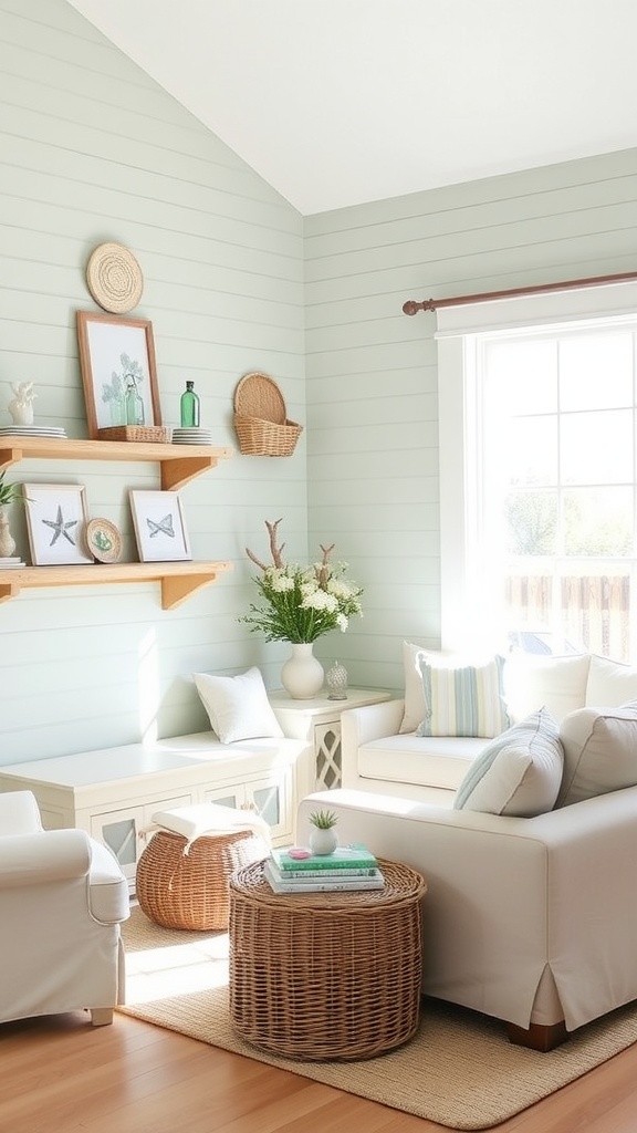 Coastal farmhouse living room with seafoam shiplap walls, white furniture, wicker accents, and natural light.