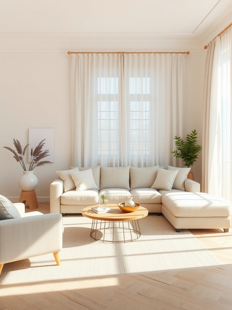 A soft and subtle off-white and brown living room filled with natural light