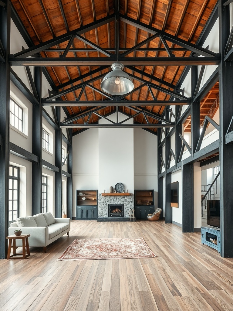 A spacious living room featuring industrial steel beams, a wooden ceiling, rustic wooden floors, and simple furniture.