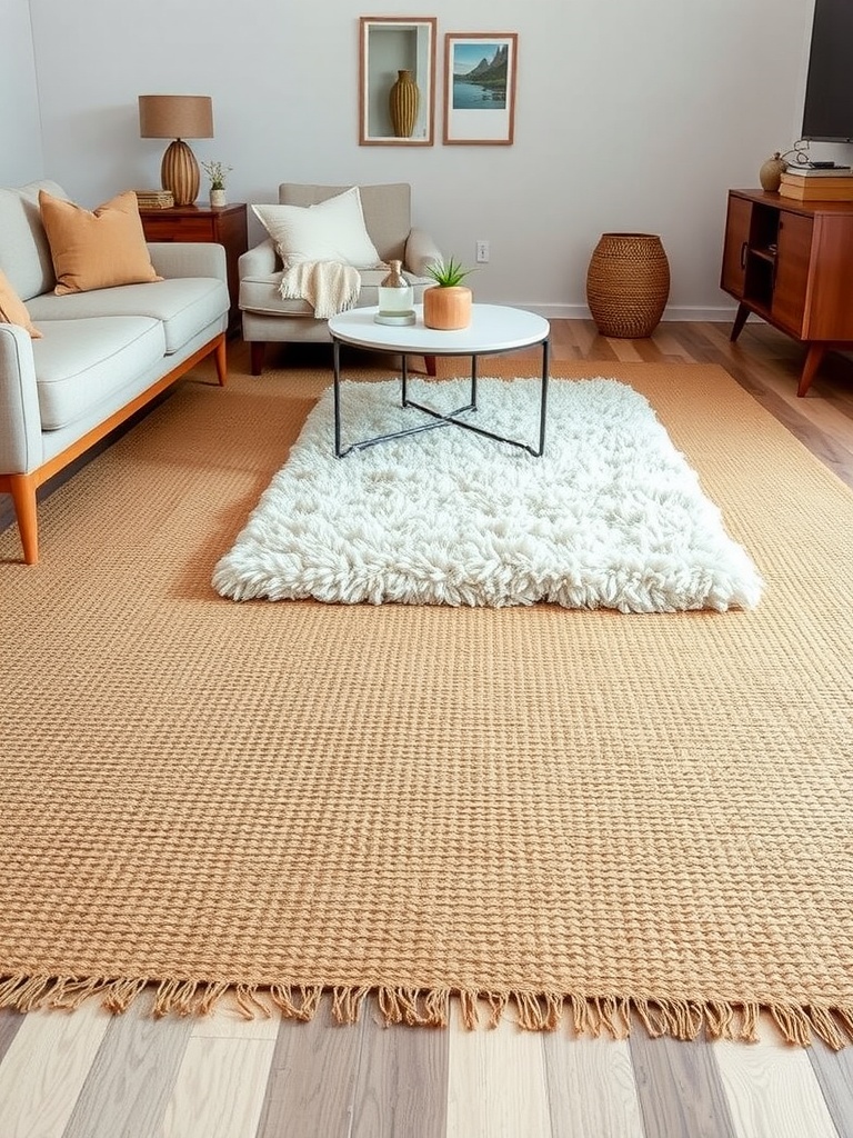 A modern living room with layered rugs, featuring a light gray sofa, decorative pillows, and a round coffee table on a warm, textured floor.