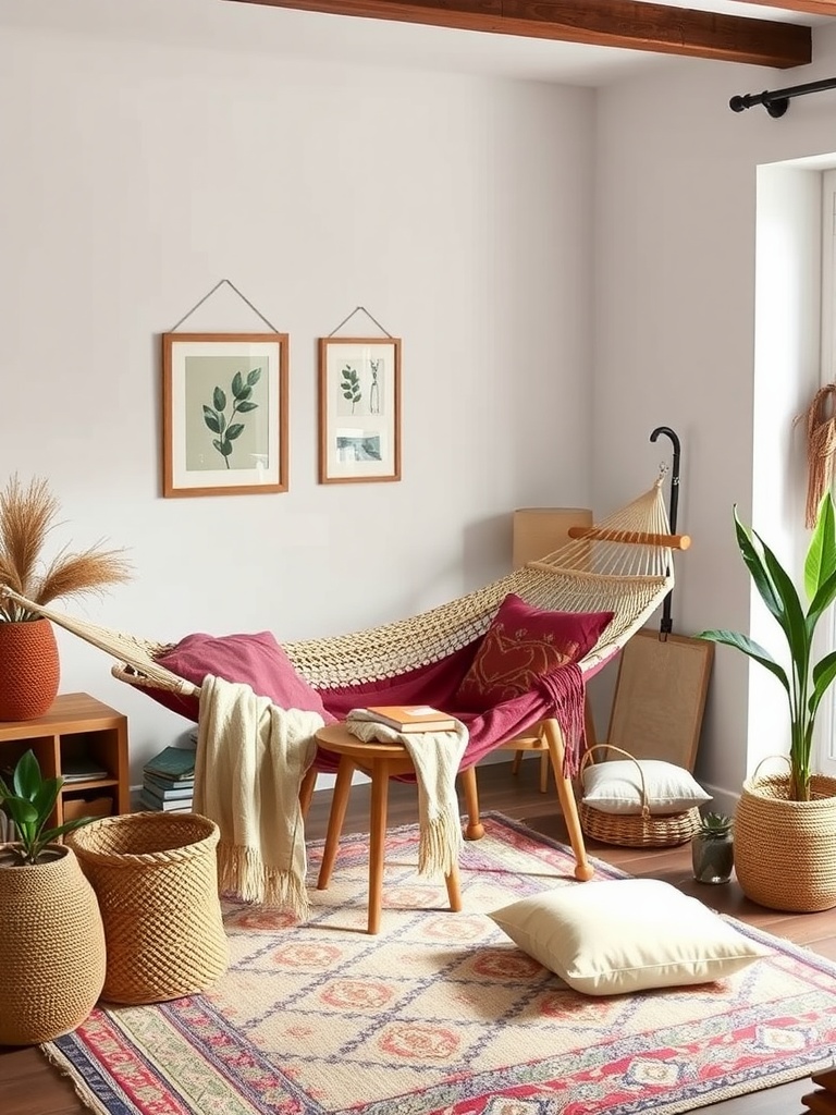 A cozy boho living room featuring a hammock, potted plants, and colorful decor.