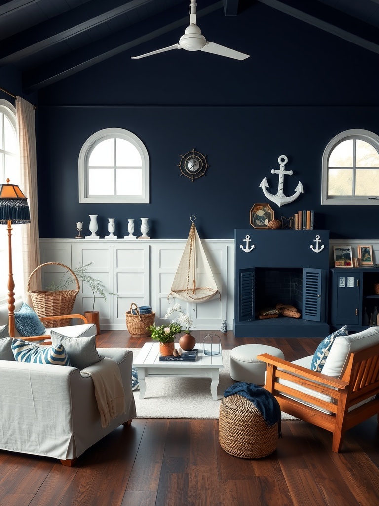 A modern living room featuring navy blue walls, white furniture, and brown accents, with nautical decor elements.