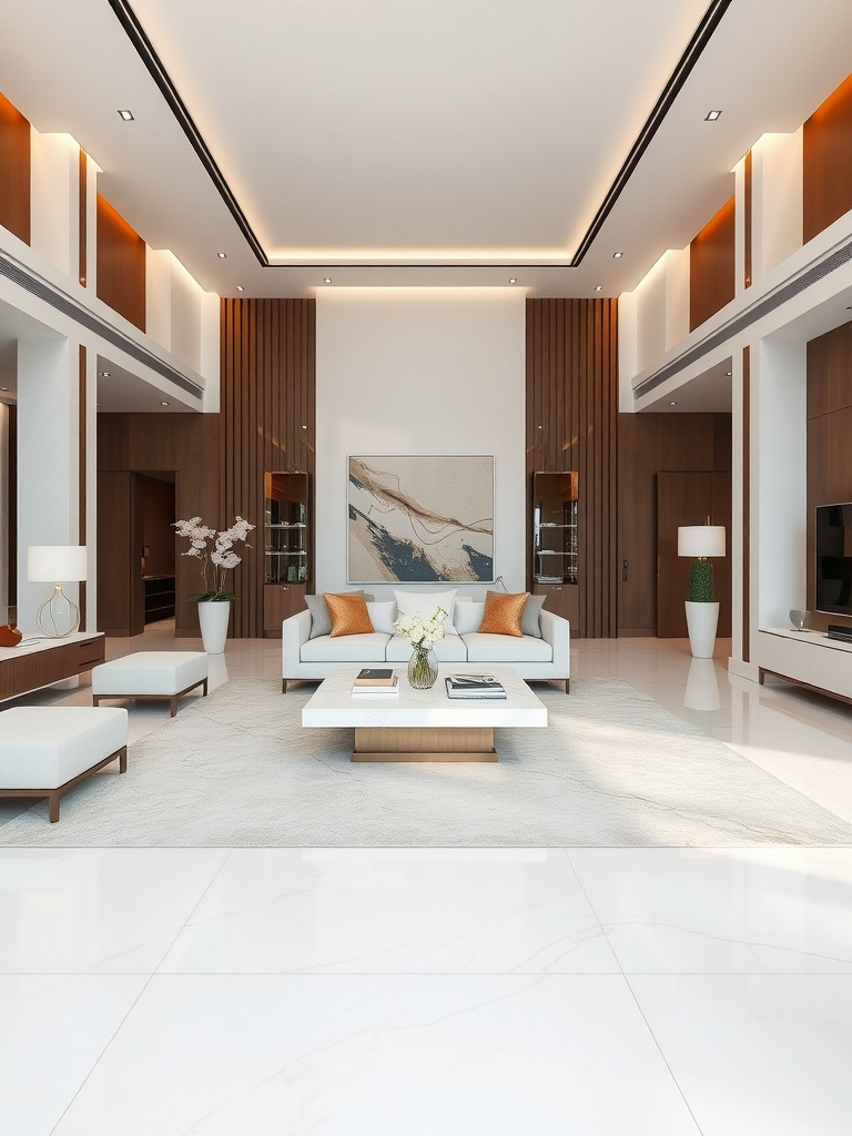 Modern brown and white living room featuring a stylish center table, elegant seating, and warm wooden accents.