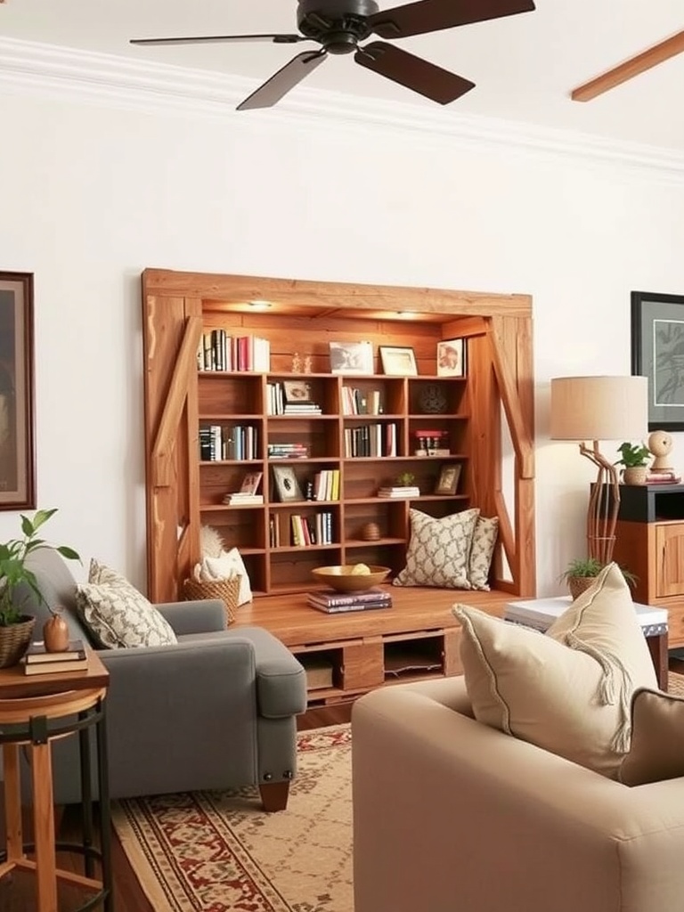 A cozy reading nook made from wooden pallets with warm lighting and soft furnishings.