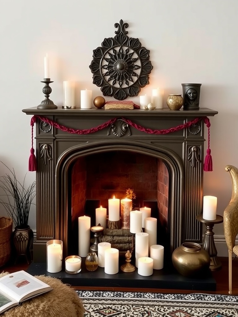 Ornamental fireplace decorated with candles and seasonal elements in a cozy bohemian living room.