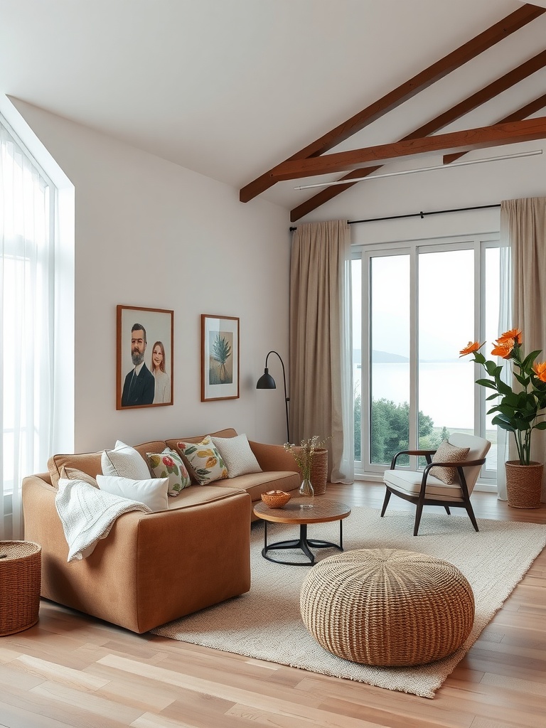 Cozy living room featuring brown and white decor, large windows, and plants.