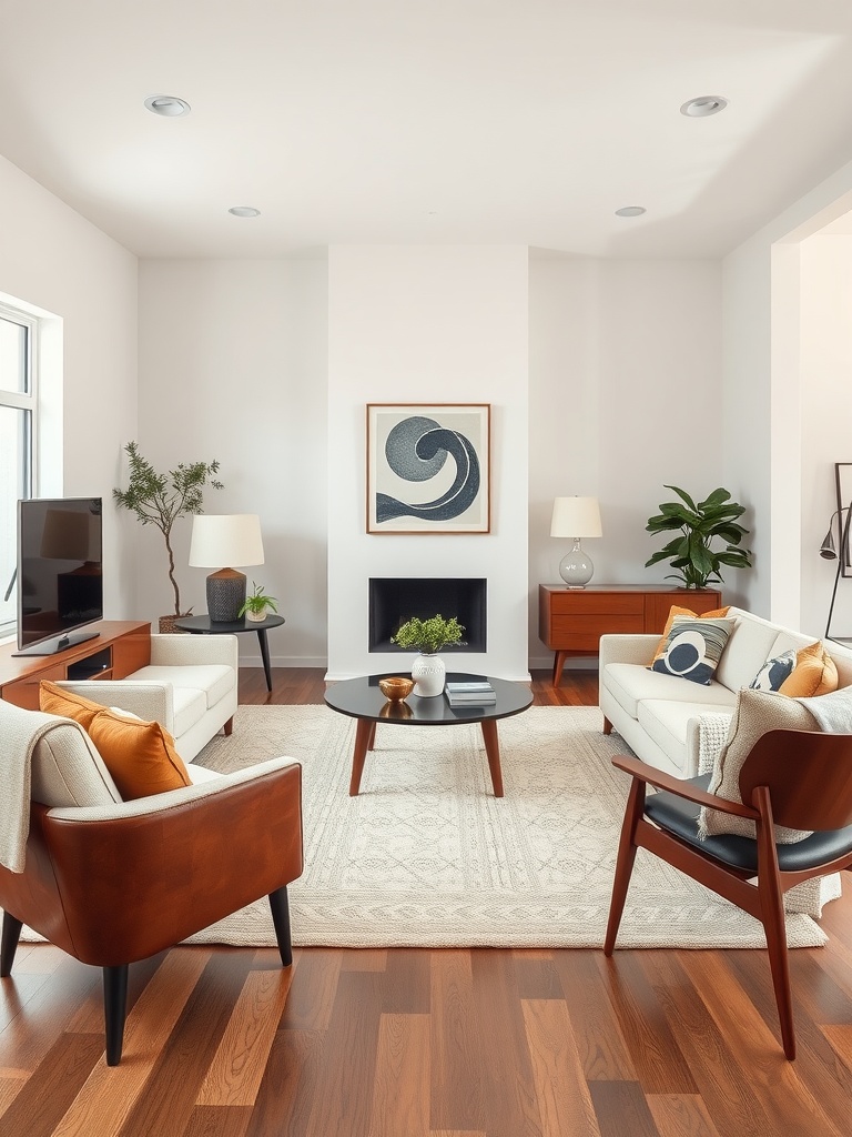 Mid-century modern living room featuring white walls and brown furniture.