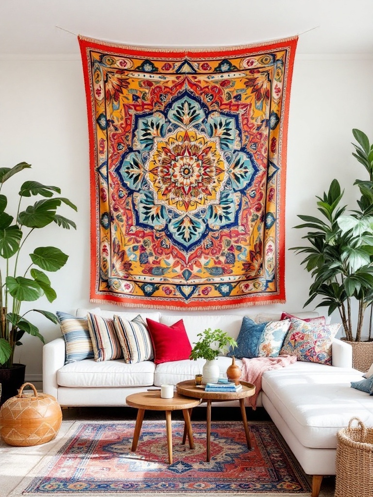 A stylish living room featuring a large red tapestry hanging from the ceiling, a white sofa with colorful pillows, and a ceiling fan above.