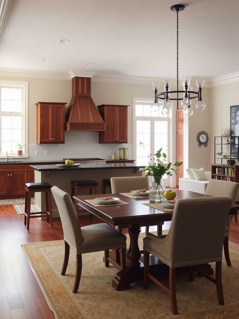 A stylish dining area featuring a wooden table with chairs, a modern chandelier, and an open kitchen.