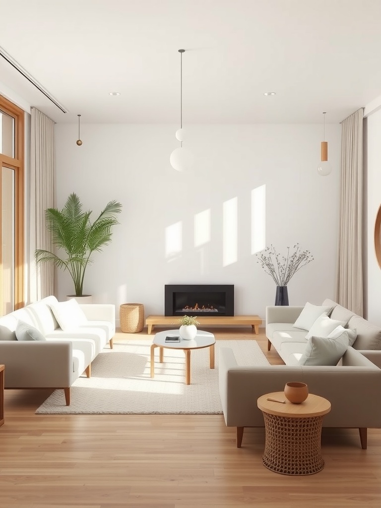 A bright and airy living room featuring white sofas, wooden accents, and a cozy fireplace, enhanced by natural light.