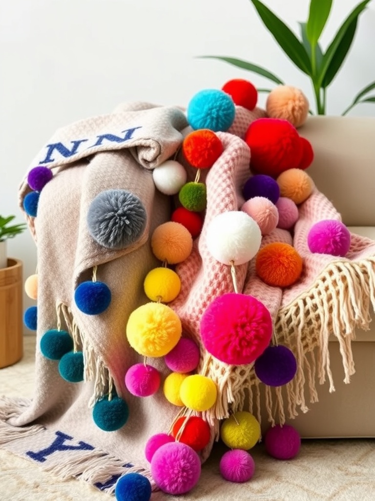 Colorful throw blankets with pom-poms draped on a couch.