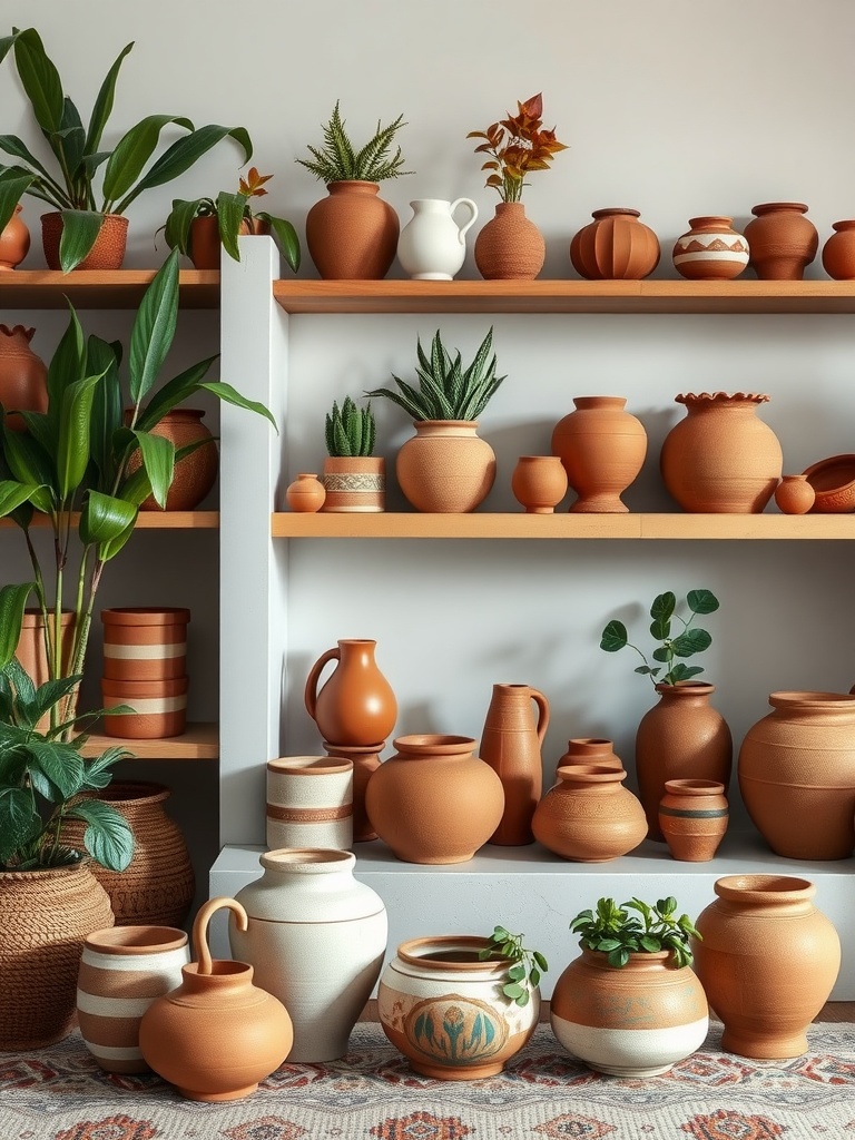 A display of various artisan clay pots on shelves, featuring plants and earthy tones.