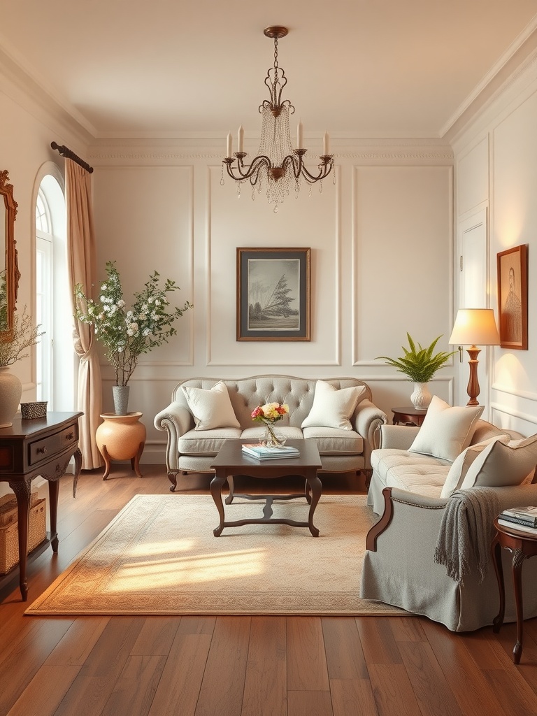 A cozy living room featuring a tufted sofa, chandelier, and natural elements, illuminated by warm golden hour light.