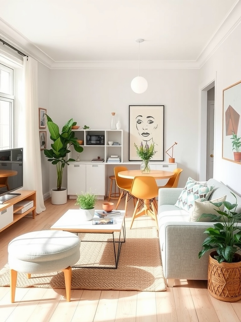 A small living and dining room combo featuring light colors, a round dining table, and plants.