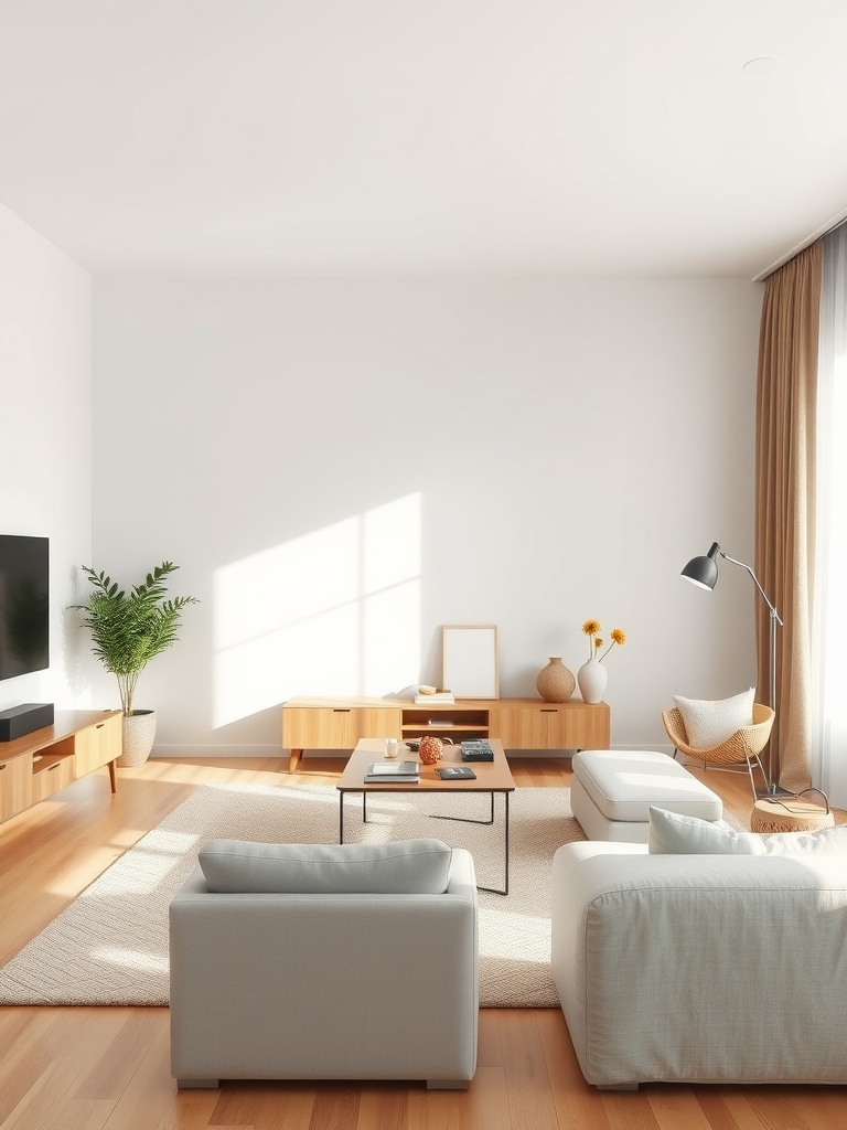 Minimalist living room with white walls and brown wooden furniture, featuring light sofas and a cozy atmosphere.