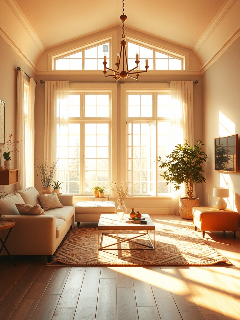 A bright and airy living room featuring a white sofa and wooden accents, illuminated by golden light from large windows.