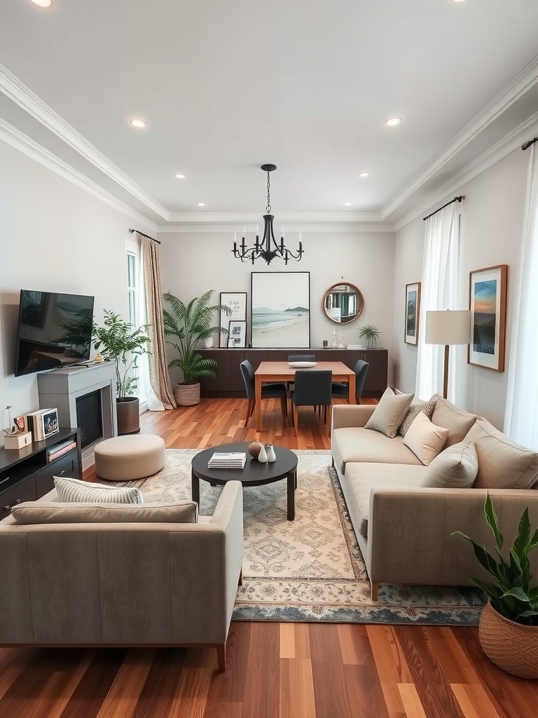 Living room and dining room combo featuring stylish furniture and decor